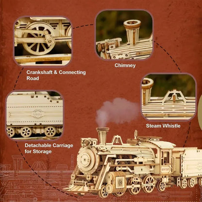 Movable Steam Train Model Building Kit - 3D Wooden Puzzle