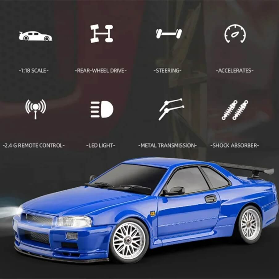 LDRC 1899 RC Drift Car 1:18 RWD GTR R34 with Gyro, LED Lights & 2.4GHz ...