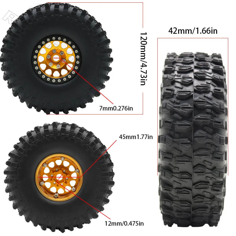 Metal 1.9" Bead-lock Rim & 120mm Tire Wheel Set for 1/10 RC Rock Crawler