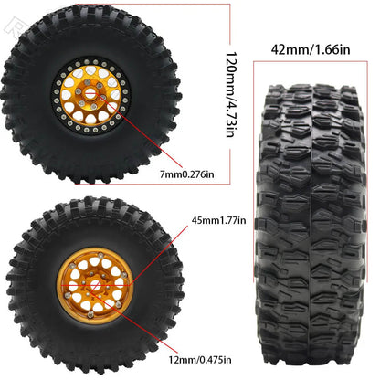 Metal 1.9" Bead-lock Rim & 120mm Tire Wheel Set for 1/10 RC Rock Crawler