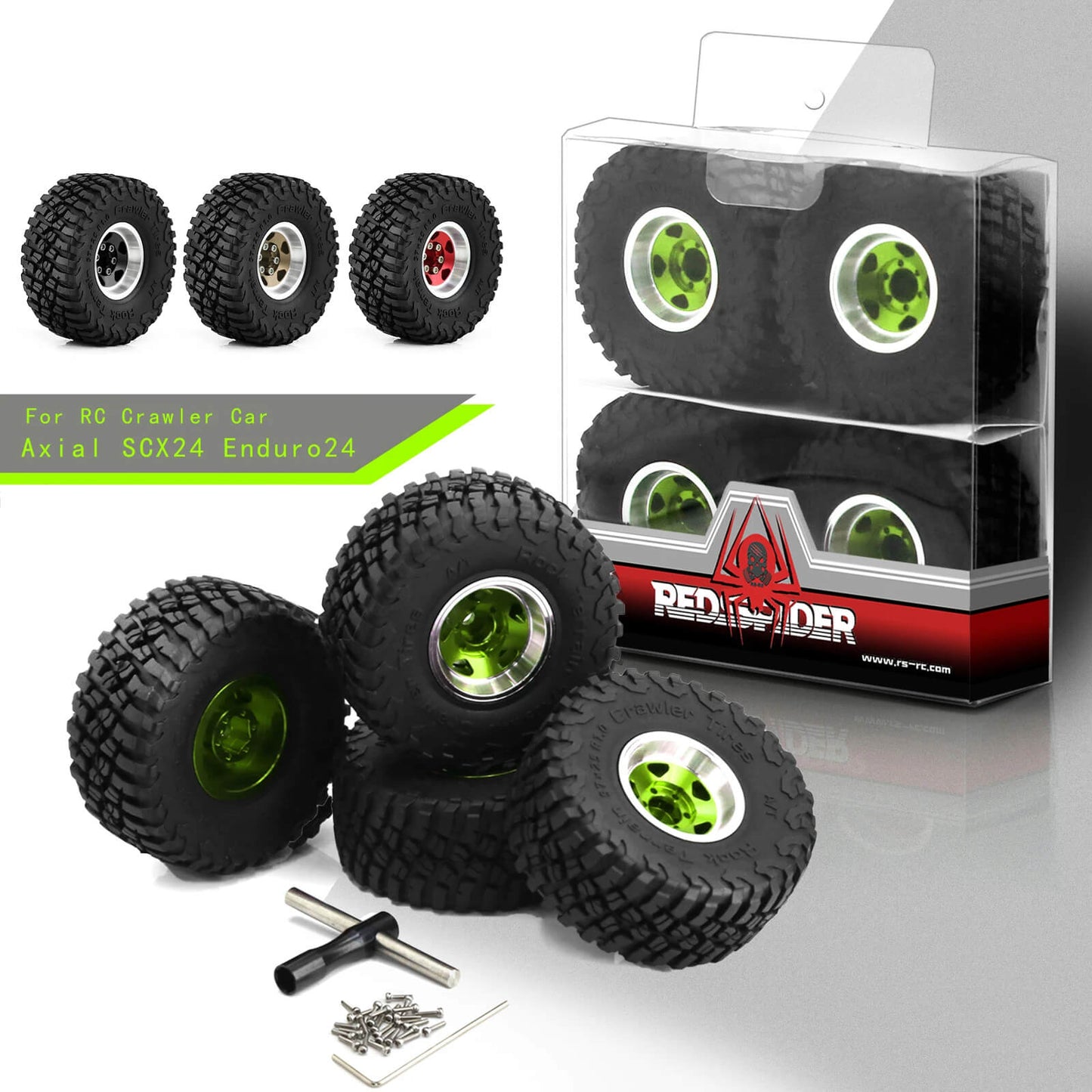 Metal 1.0" Beadlock Rim & Mud Terrain Tires Wheel Set for 1/24 RC Rock Crawler