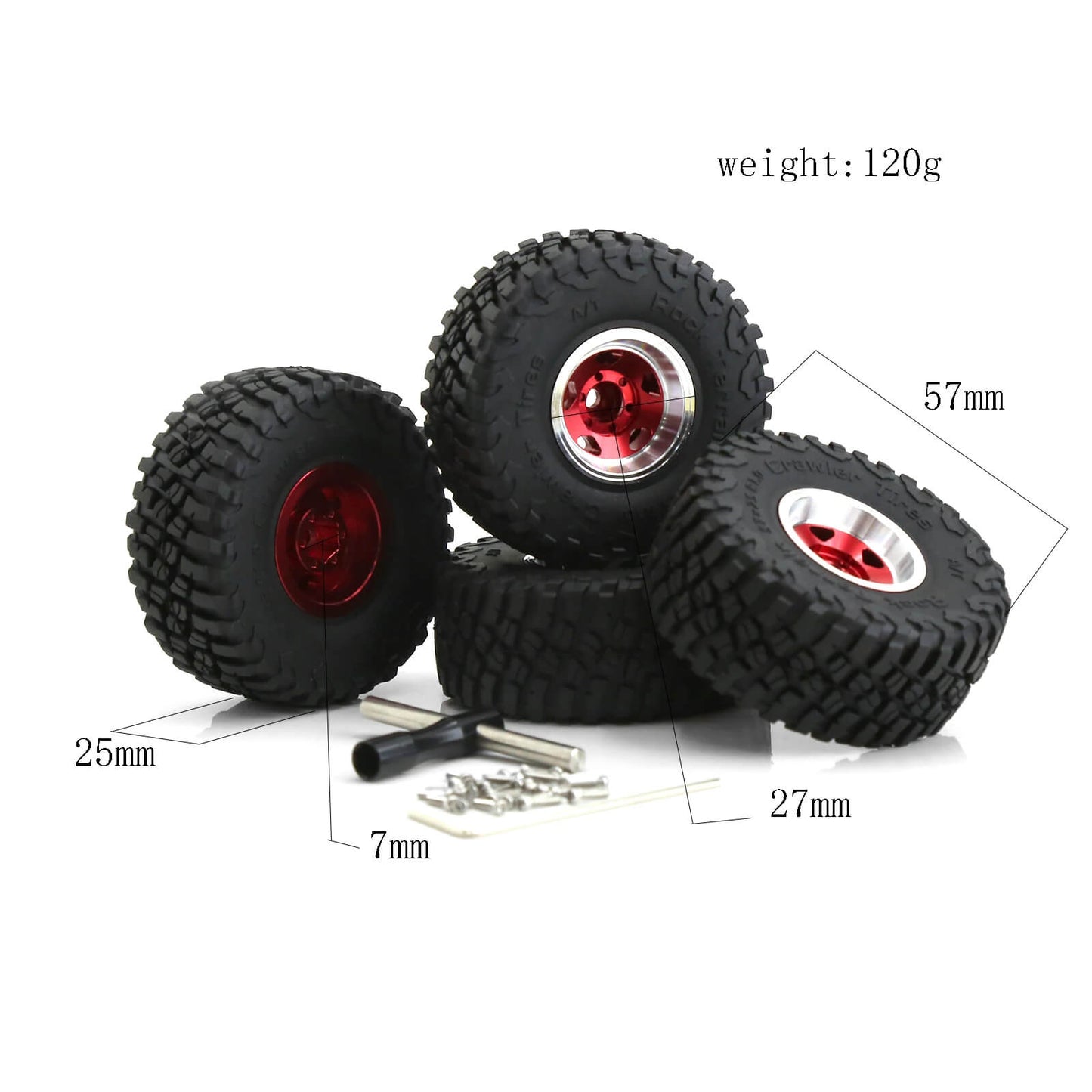 Metal 1.0" Beadlock Rim & Mud Terrain Tires Wheel Set for 1/24 RC Rock Crawler