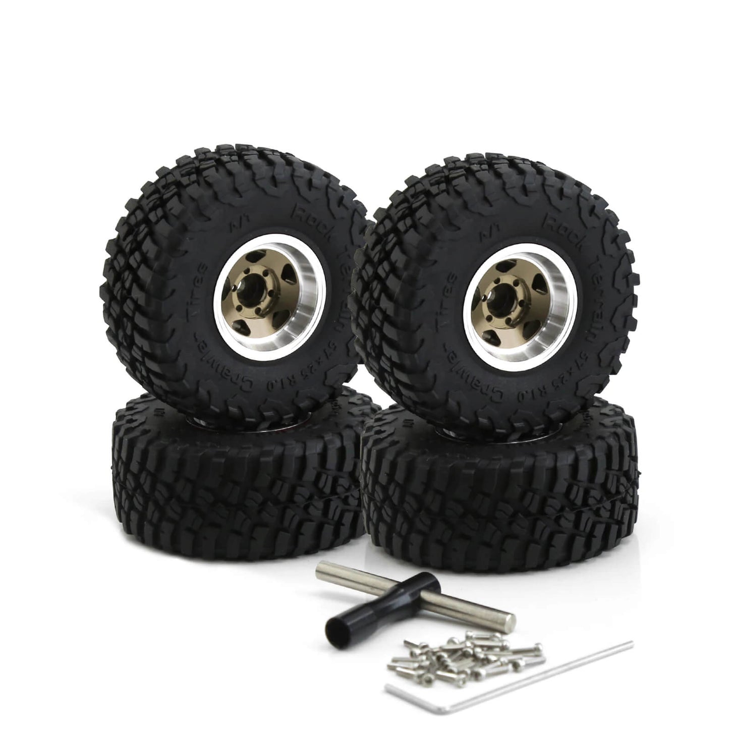 Metal 1.0" Beadlock Rim & Mud Terrain Tires Wheel Set for 1/24 RC Rock Crawler