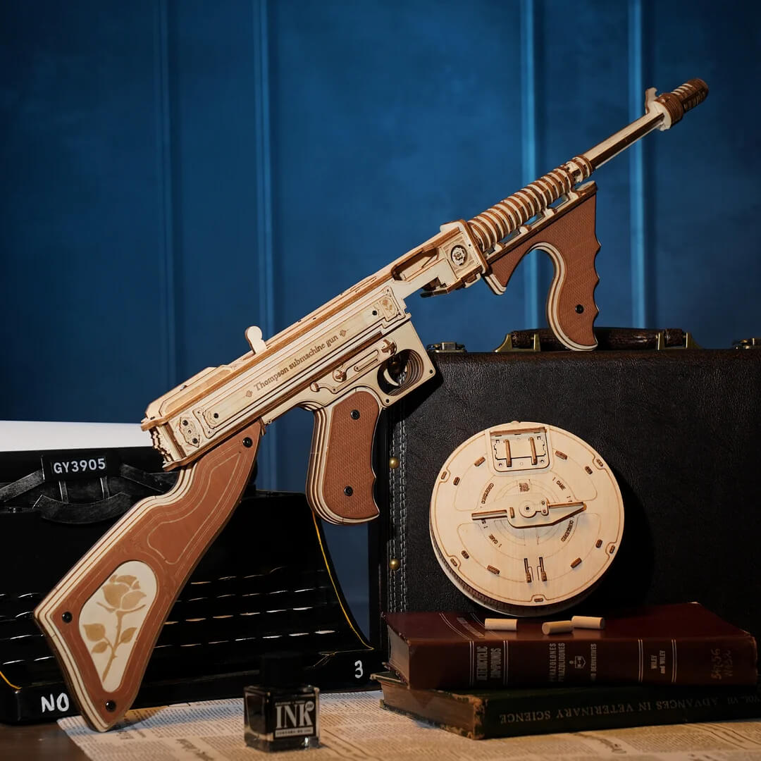 ROKR Thompson Submachine Machine Gun DIY Model Building Kit - 3D Wooden Puzzle