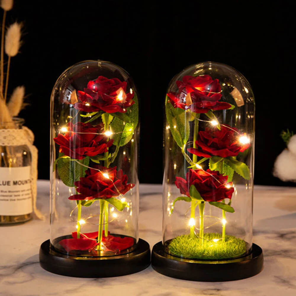 Three Rose Flowers LED Light Glass Dome