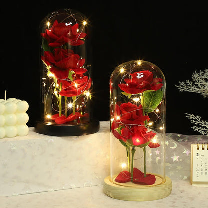 Three Rose Flowers LED Light Glass Dome