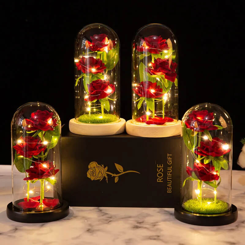 Three Rose Flowers LED Light Glass Dome