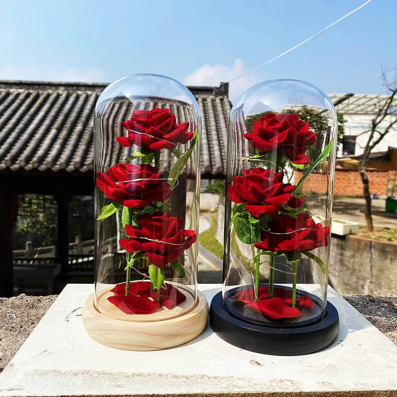 Three Rose Flowers LED Light Glass Dome