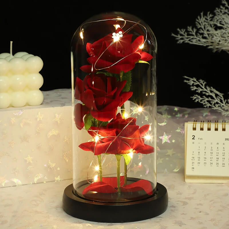 Three Rose Flowers LED Light Glass Dome