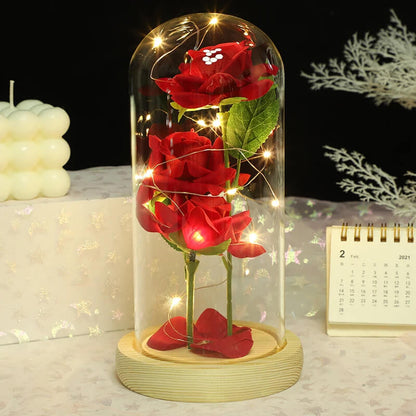 Three Rose Flowers LED Light Glass Dome