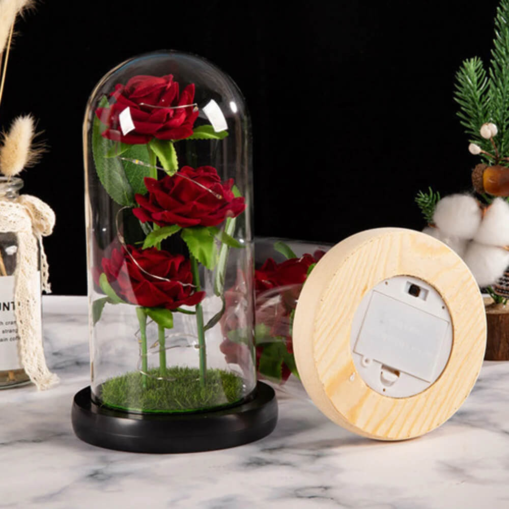 Three Rose Flowers LED Light Glass Dome