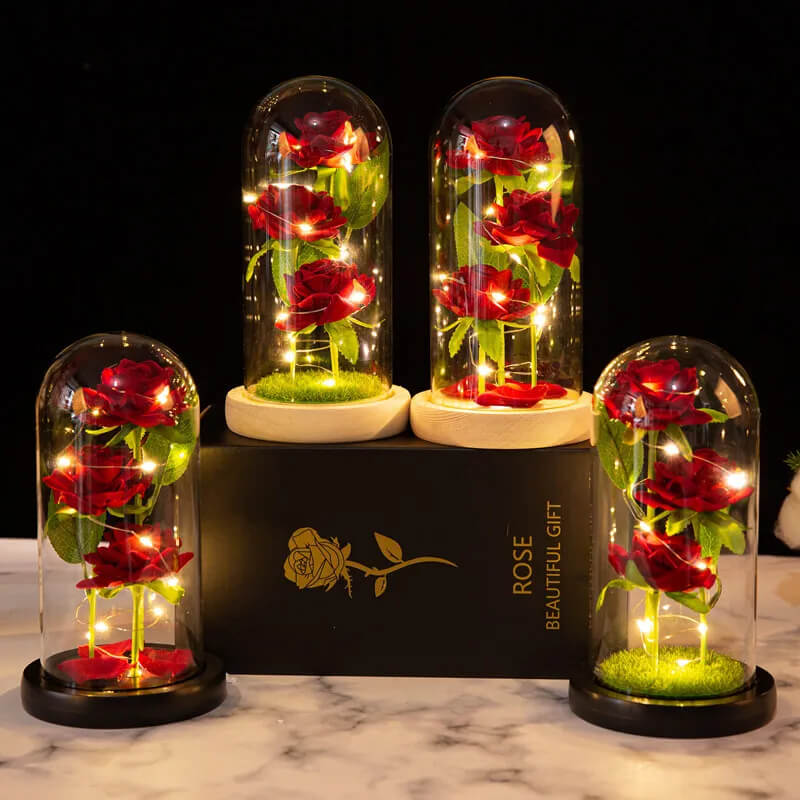 Three Rose Flowers LED Light Glass Dome