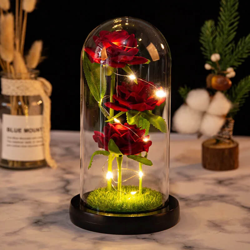 Three Rose Flowers LED Light Glass Dome